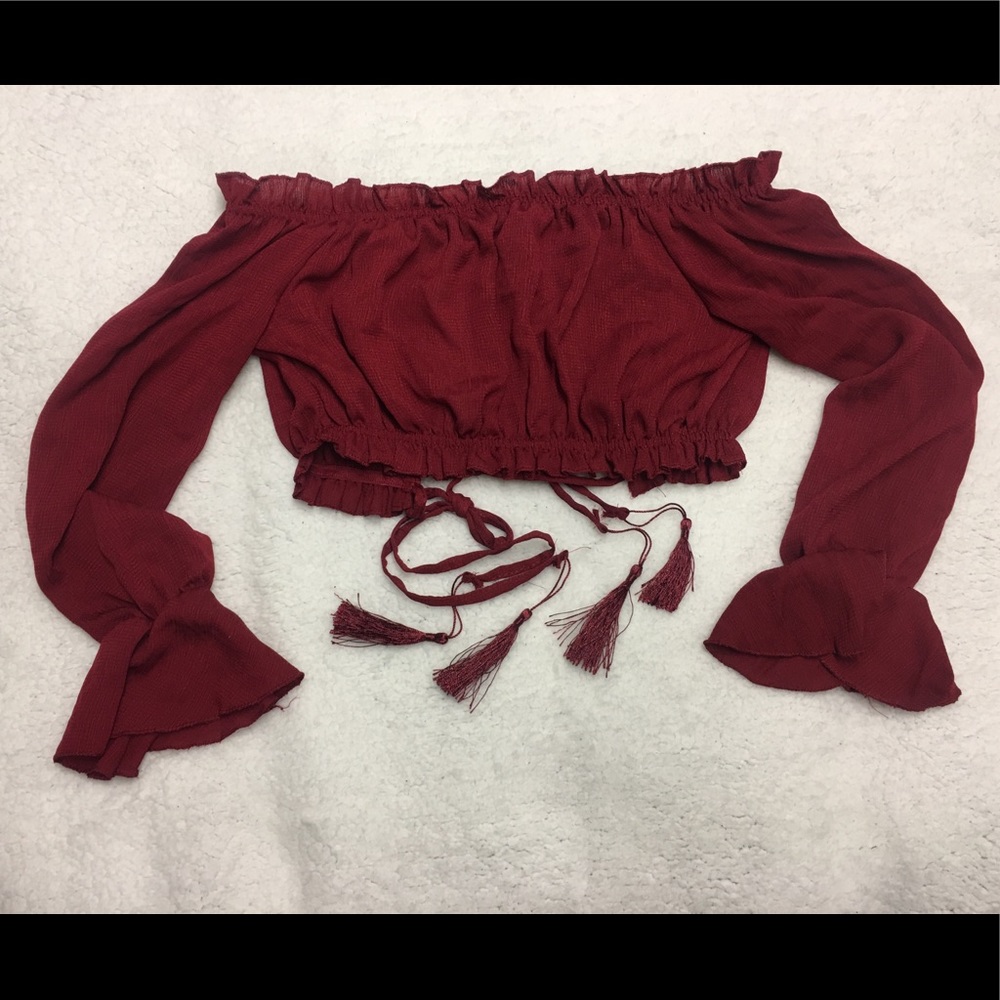 TWO red / white crop top with fringes